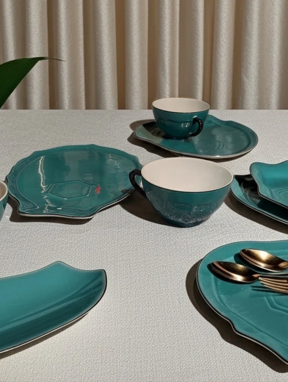 Vintage Czechoslovakia Teal Porcelain Snack Set - 3 Cups & Plates
